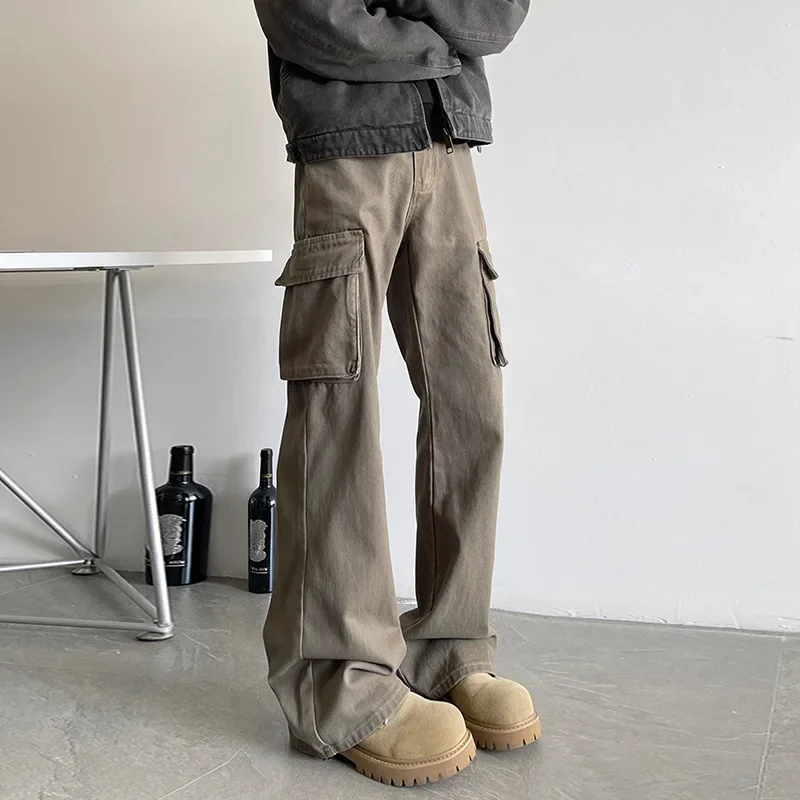 Spring Autumn New Fashion Men's Black Brown Solid Color Simple Basic Casual Trendy Loose Flare Cargo Trousers Male Pants Clothes