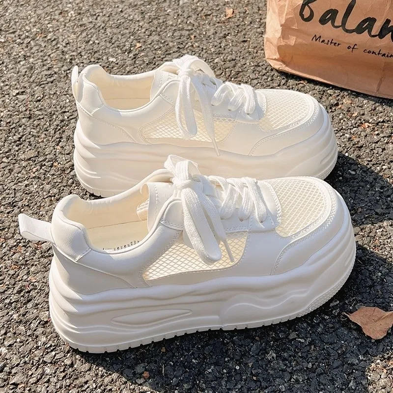 Women's White Chunky Vulcanized Sneakers Round Toe Lace-Up Platform Mesh Shoes Fashion Women Casual Tennis Sports Shoes Zapatos