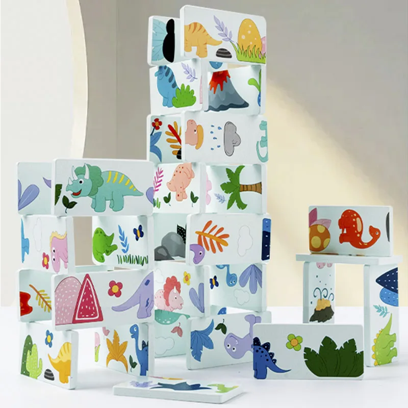 Jouet en bois dinosaure dominos, jeu de relais d'appairage d'ombre animale, Images assorties, jouets éducatifs Montessori pour enfants