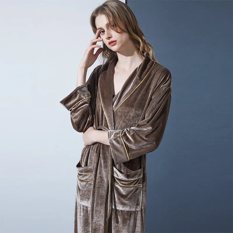 Autumn Winter Velour Warm Robe Casual Nightwear Women\'s Velvet Waistband Slimming Long Bathrobe Sleepwear Home Clothes Nightgown