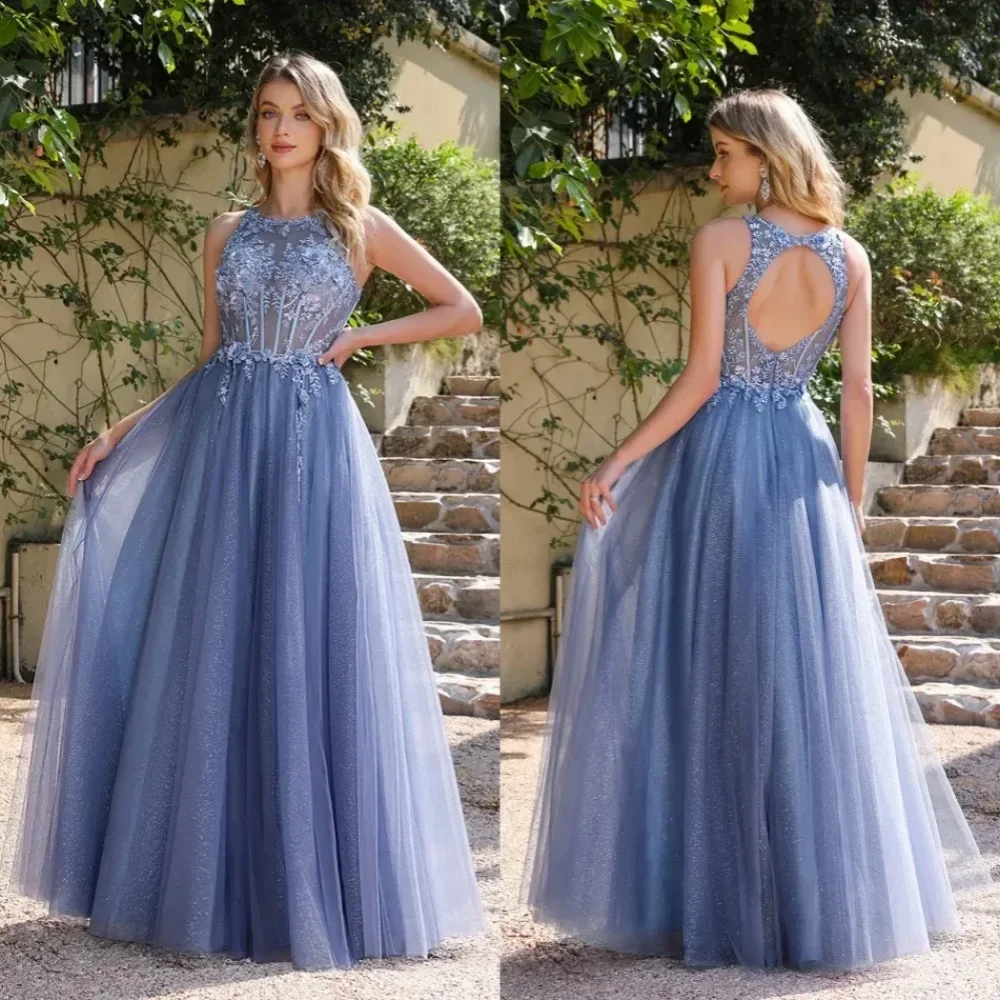 Customized new light blue hollow backless ball gown A-line transparent gem collar tulle long evening gown with appliqués