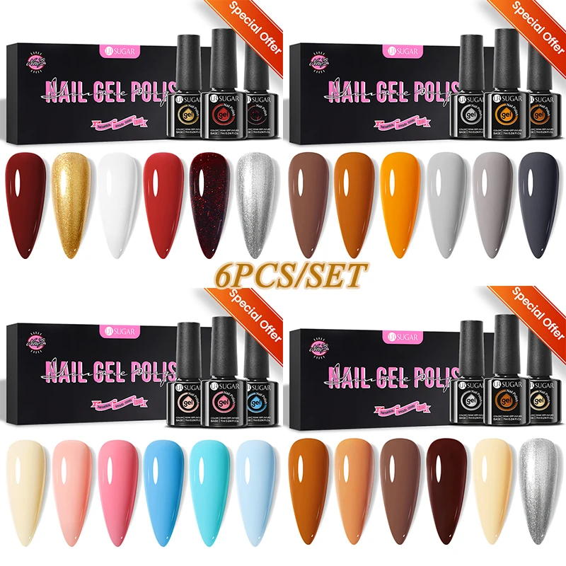 UR SUGAR 6Pcs/Set Brown Gel Nail Polish Kits Soak Off UV LED Nail Glitter Gel Vernis Semi Permanent Base Top Coat Nail Art