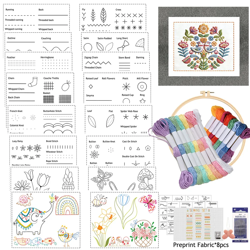 9 Sheets  Embroidery Kit for Beginners with Preprinted Fabric, Hand Embroidery Stitch Book, DIY Creative Sewing Kit For Beginner