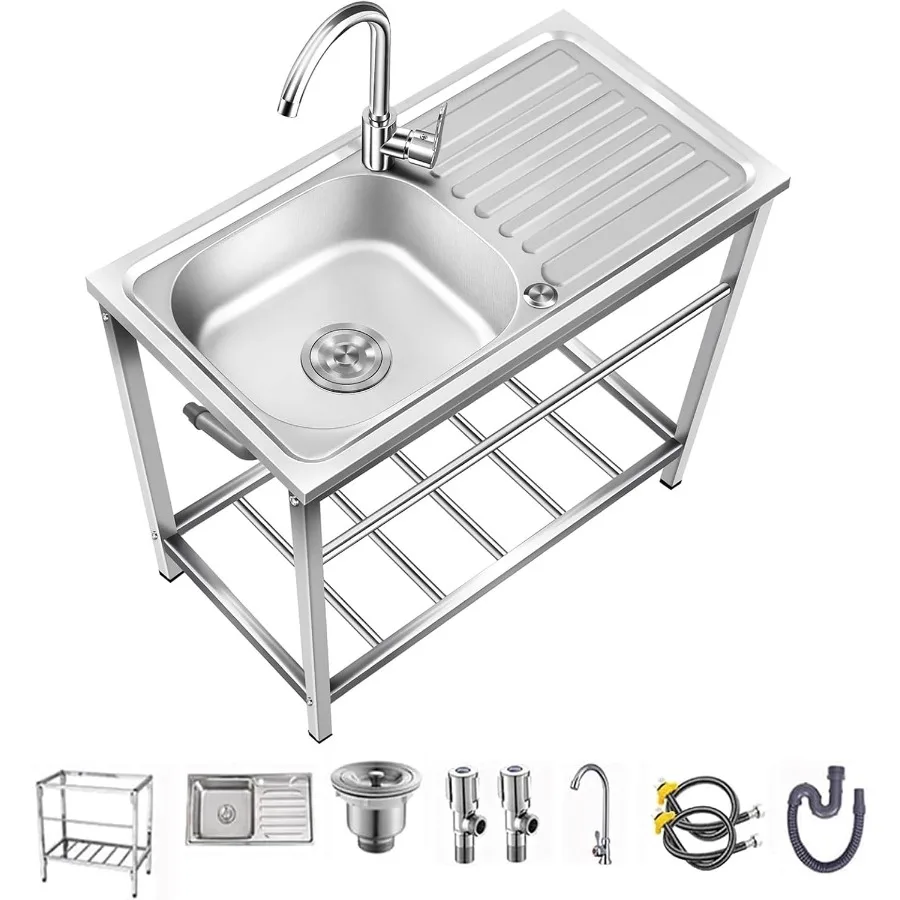 

Outdoor Utility Sink Free Standing Stainless Steel Laundry Tub with Single Bowl Portable Washing Hand Basin Station Featuring F