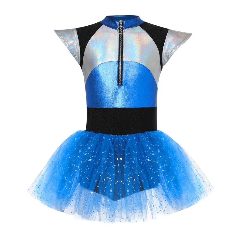 

Kids Girls Alien Cosplay Costume Cheerleading Dance Dress Short Sleeve Shiny Spangles Tutu Leotard Halloween Party Dancewear