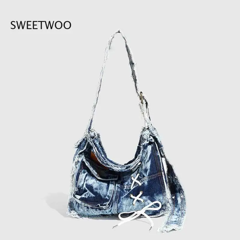 

Women's Distressed Denim Shoulder Bag Y2K Style Lace Up Hobo Bag for Casual Daily Use