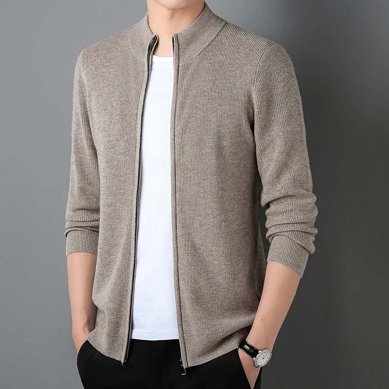 Men\'s 100% Cashmere Wool Cardigan Autumn & Winter Fashion Zipper Sweater Coat Long Sleeve Knitwear Sheep Wool Sweater Cardigan