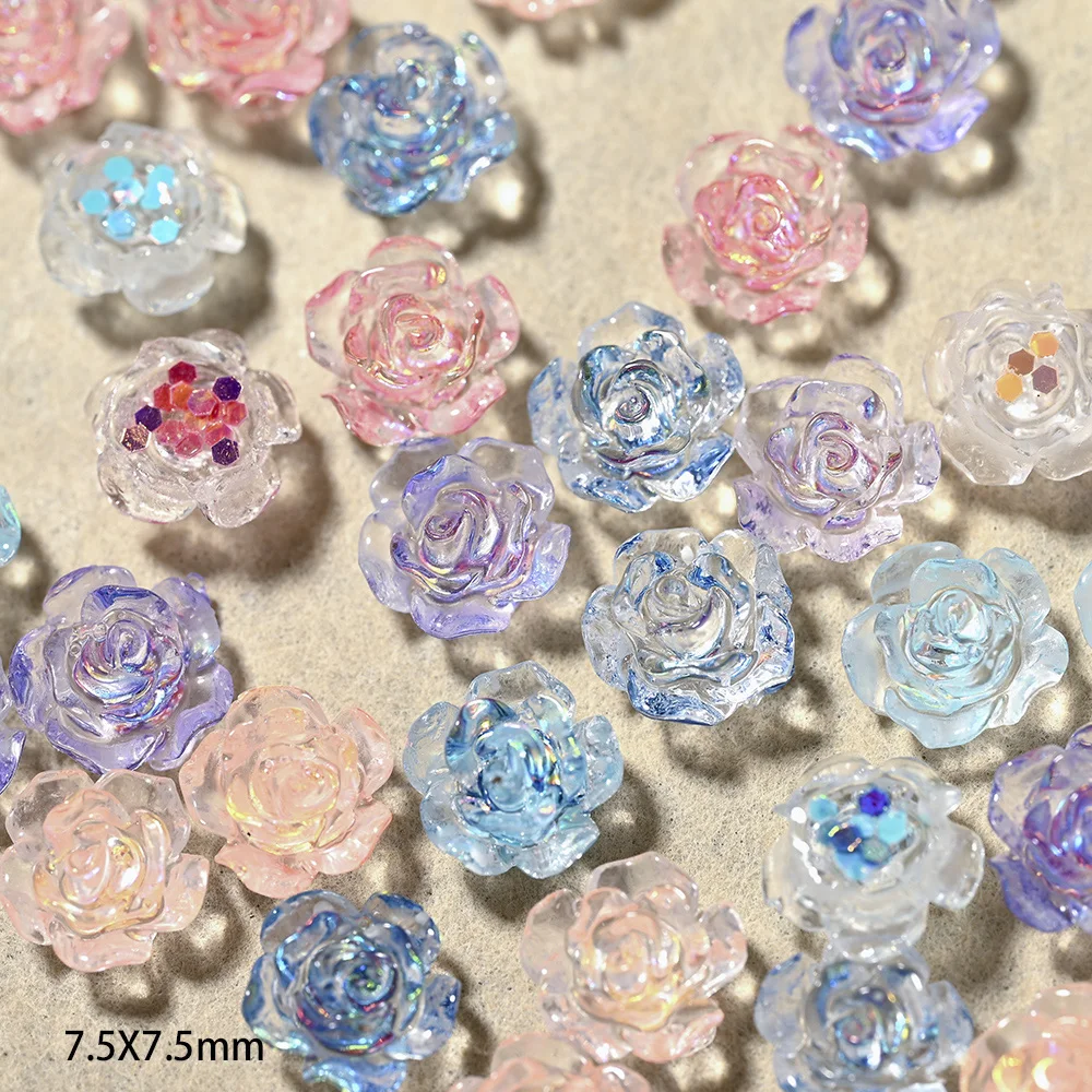 100Pcs Ice Transparent Flowers Nail Charm 6/8mm Blue Pink  Aurora Camellia Nail Rhinestone 3D Resin Jewelry DIY Nail Decorations