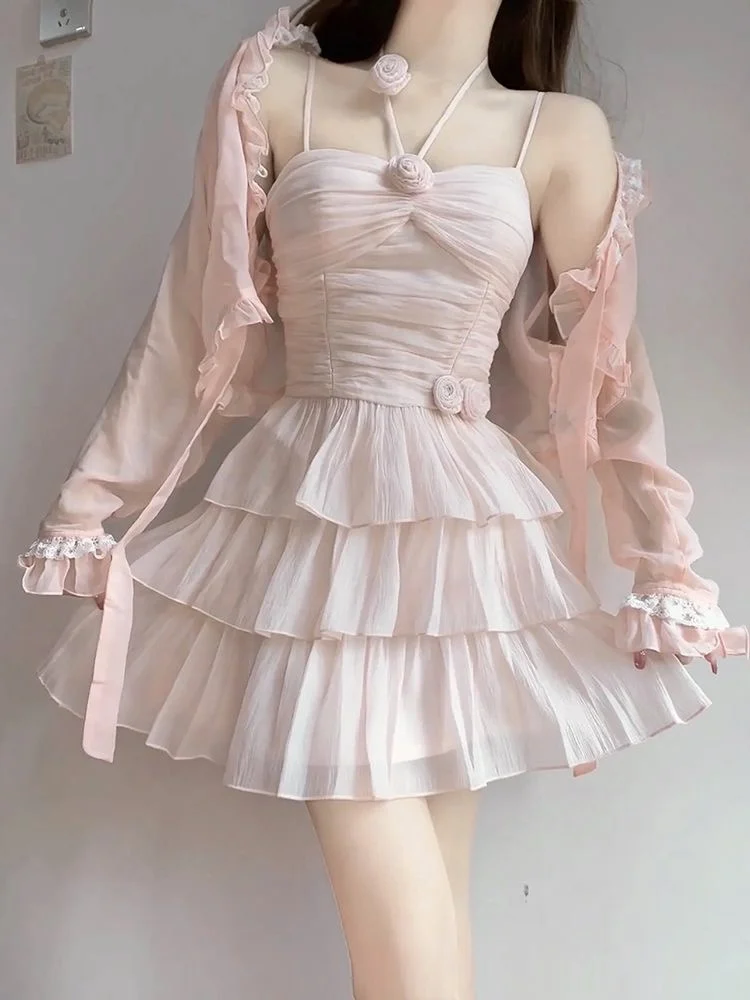 Two Pieces Set Pink Sexy Y2k Aesthetic Fairy Ball Gown Camisole Dress+Japanese Women Sweet Grunge Fashion Long Sleeve Cardigans