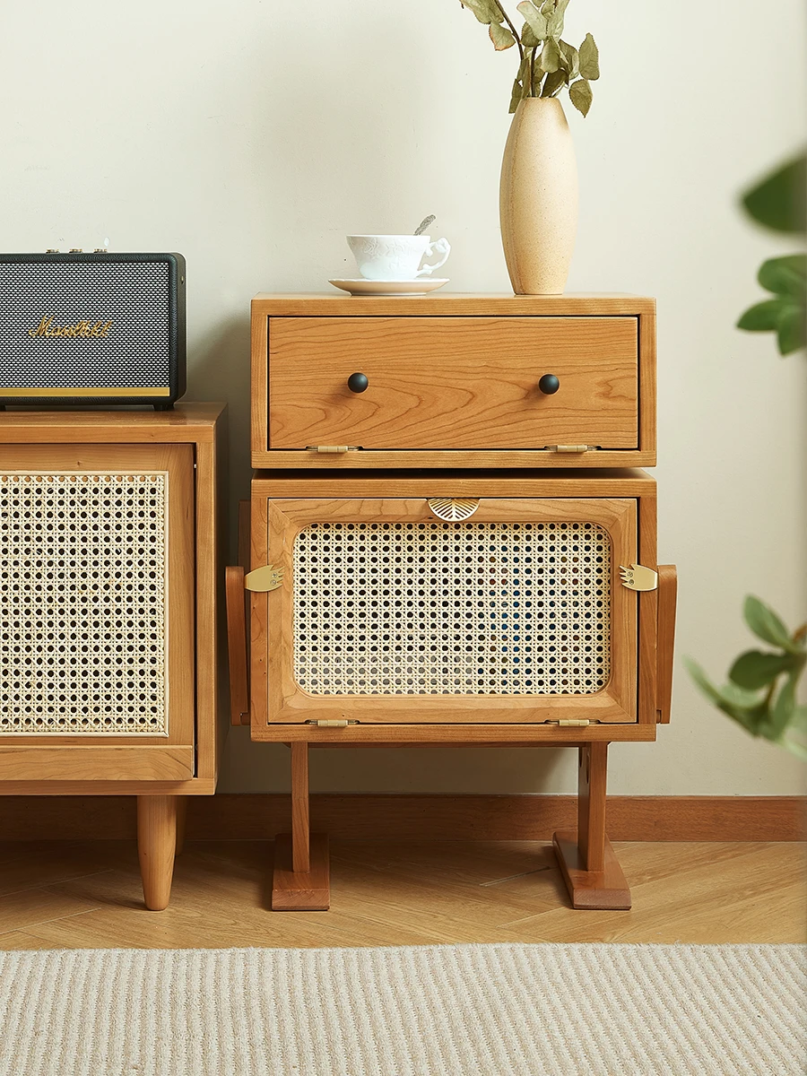 Nordic ins sofa side cabinet side cabinet solid wood rattan robot storage bedside table simple small apartment