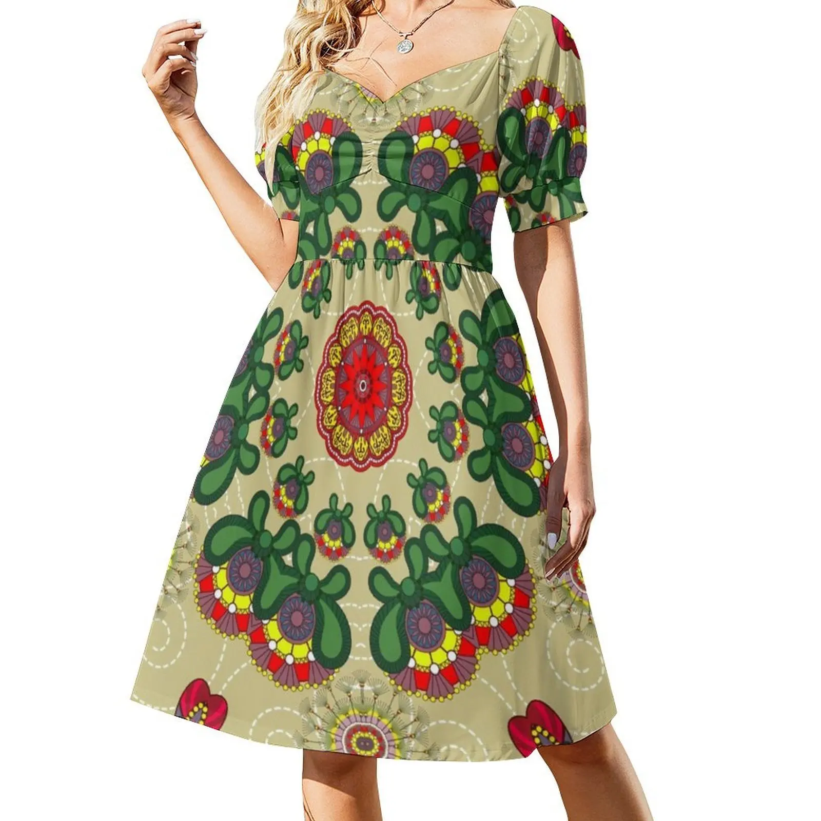 Indian Summer Bohemian Sleeveless Dress For Women Print Beach Party Dresses Pattern Flower Floral Red Vector Swirls Evening