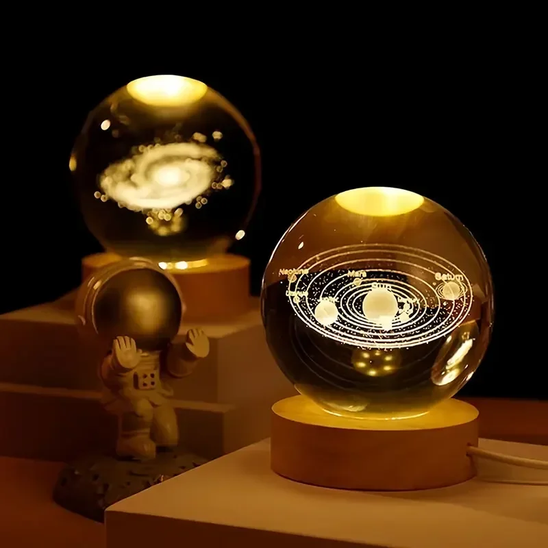 3D Carved Galaxy Crystal Ball Night Light With Illuminated Solid Wood Base Tabletop Ornament Home Decor Holiday Gift
