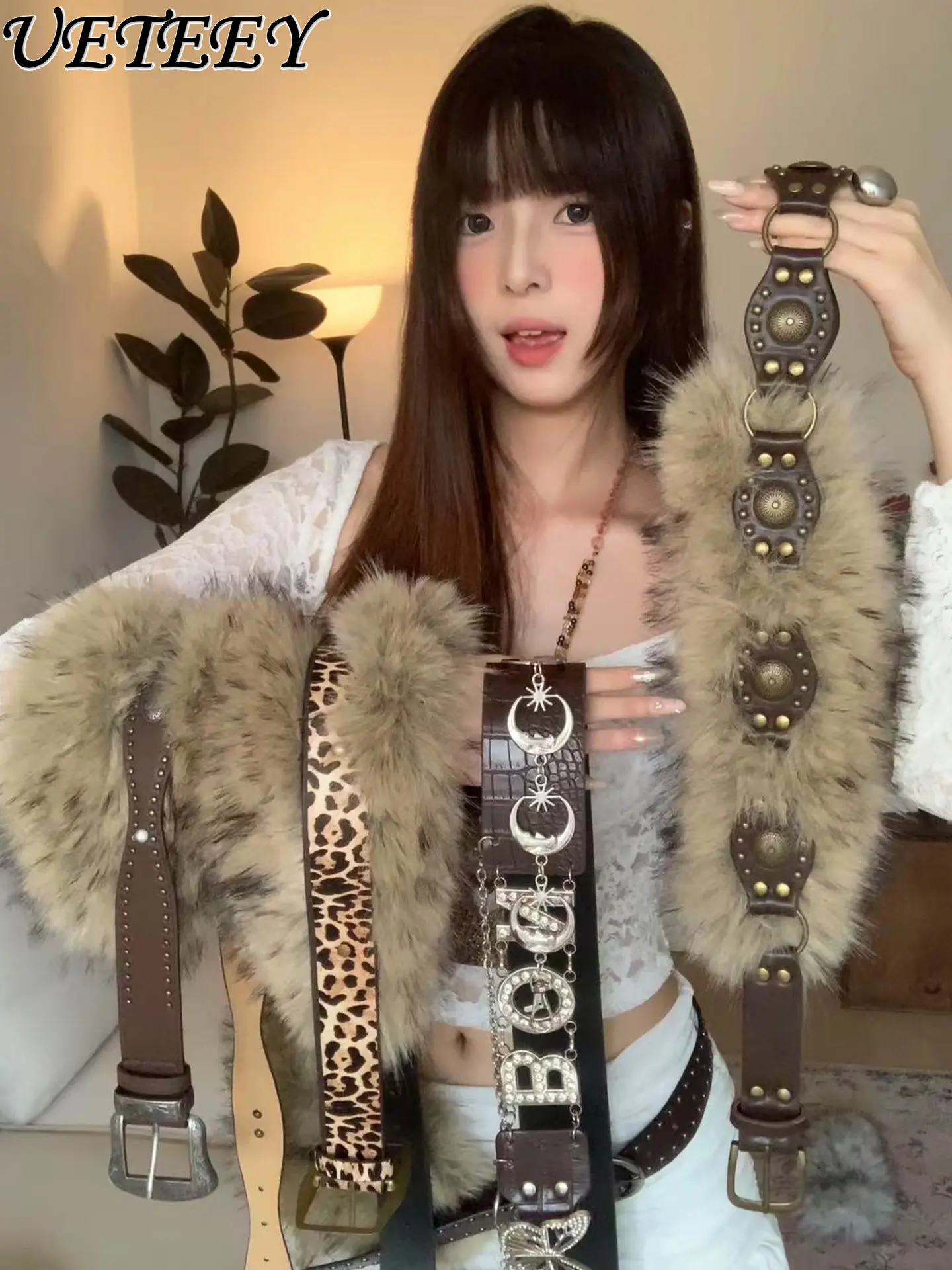 

Модный универсальный женский ремень в американском стиле с заклепками и меховыми вставками, декоративный широкий ремень в стиле ретро для юбок и джинсов, тренд сезона