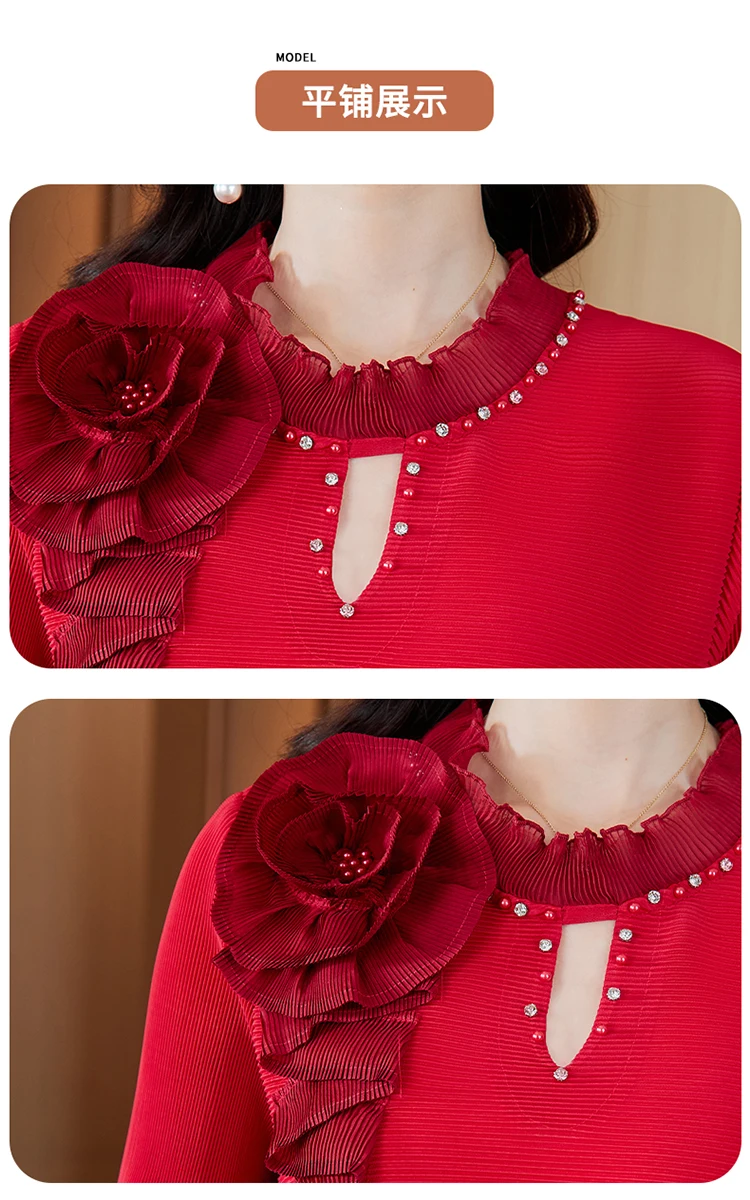 2024 autunno nuova gonna magica elastica antirughe rossa per le donne, gonna a maniche lunghe casual ampia con stampa retrò o-collo