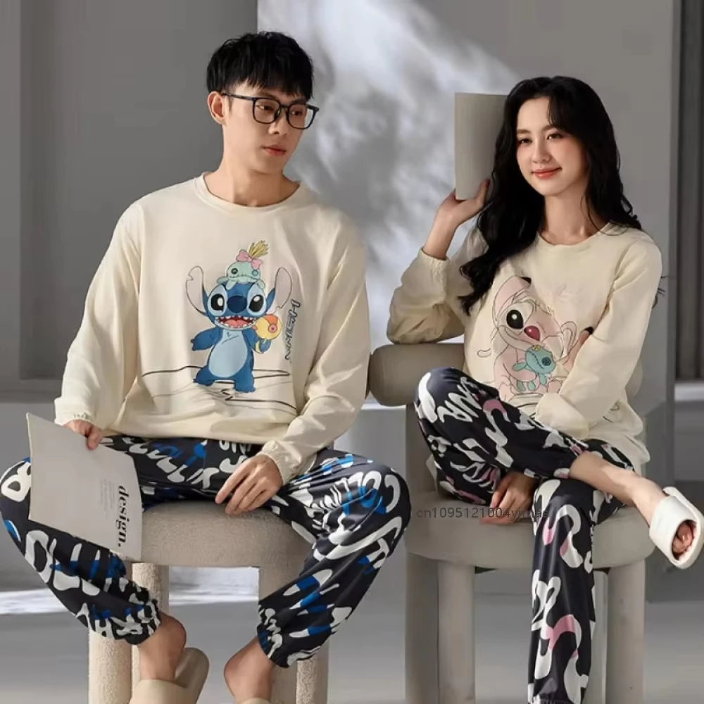 

Cartoon Stitch Couple Pajamas Woman Men Spring Autumn Round Neck Long Sleeved Pants Pyjamas Sets Anime Lovers Pajamashome Wear