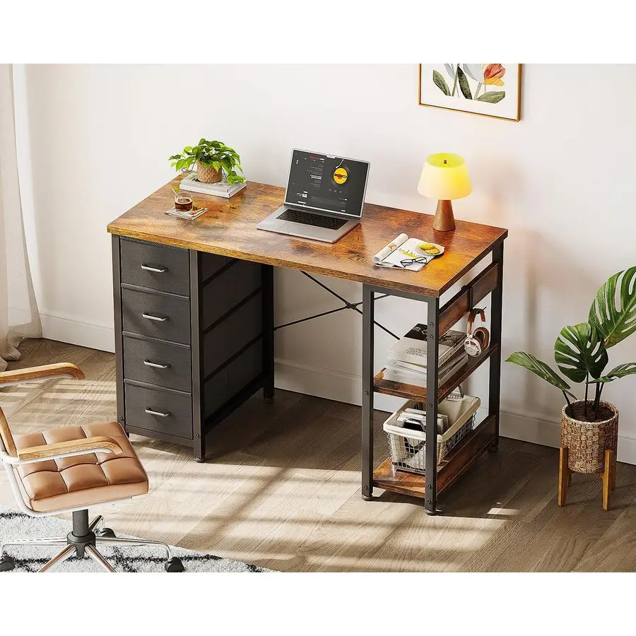 40 Inch Small Computer Desk with 4 Fabric Drawers, Modern Writing PC Desk for Small Spaces, Study amp Home Office Desk with Stor