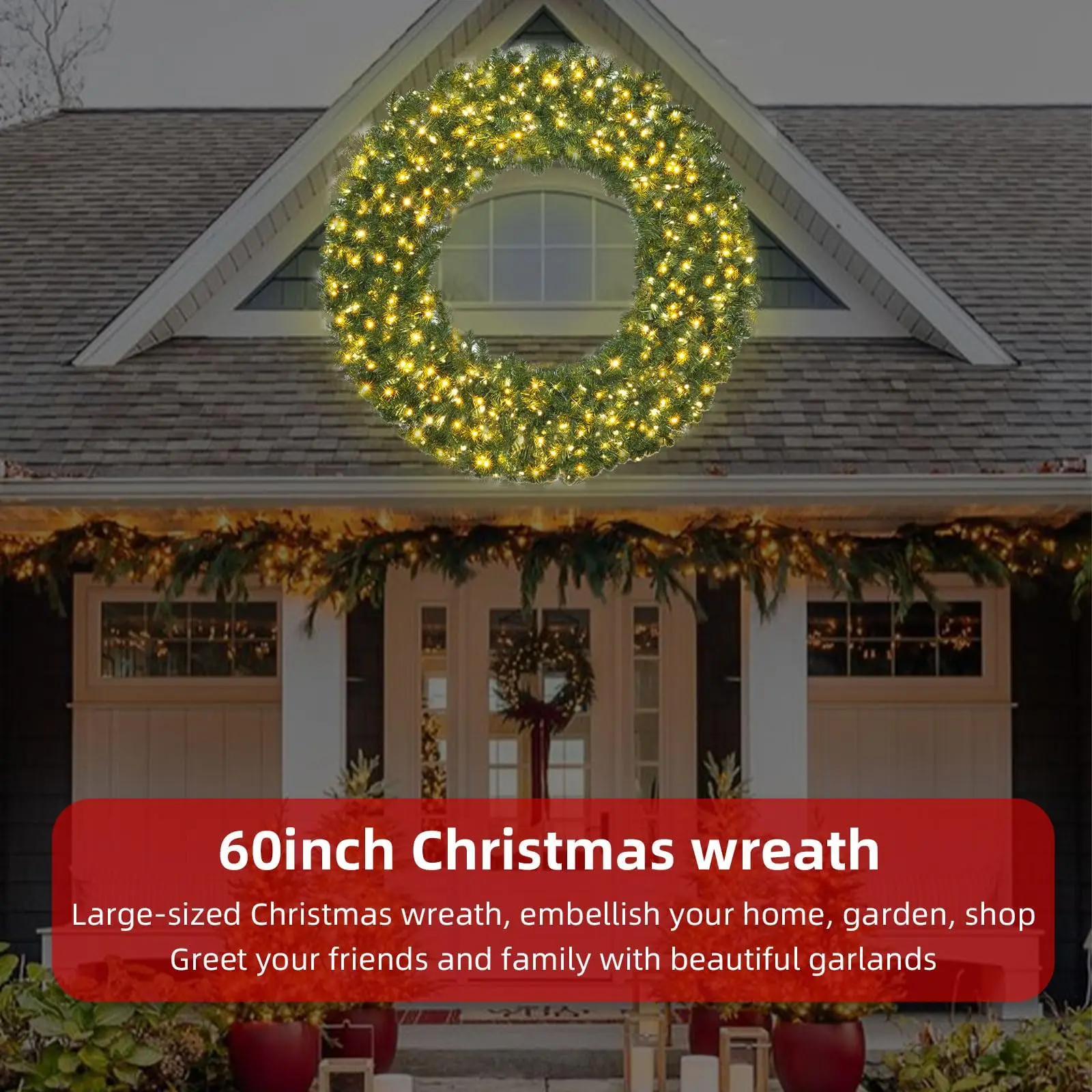 60in Large Christmas Wreath - Lighted Wreaths Holiday Decor, Outdoor Wreath with 300 Colorful LEDs, 930 PVC Tips, 9
