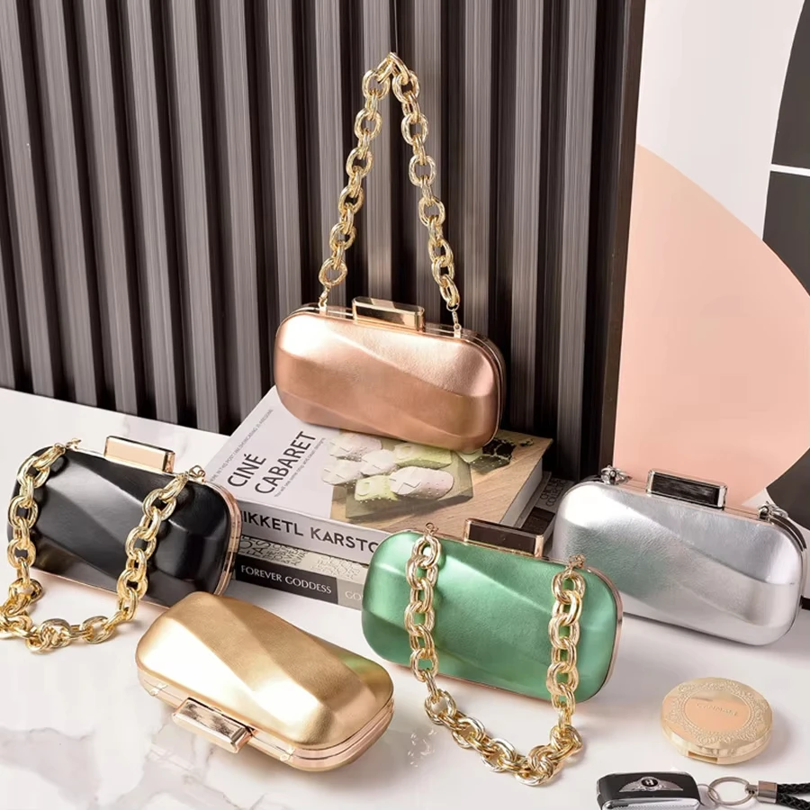 

NEW Fashionable Evening Bags Women's Glossy Shiny Leather Purse Chic Thick Chain Handheld Clutch Bridal Party Dress Handbag