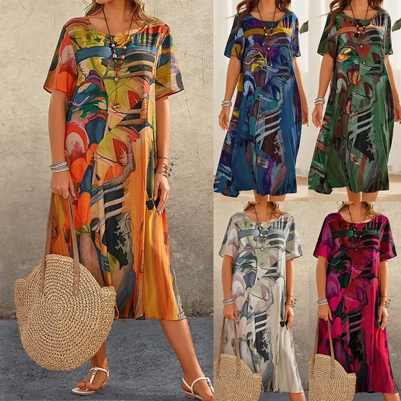 

Fashion Casual Printed Dress Summer Short-sleeved Waist Round Neck Loose Beach Dress 2025 European and American Cross-border