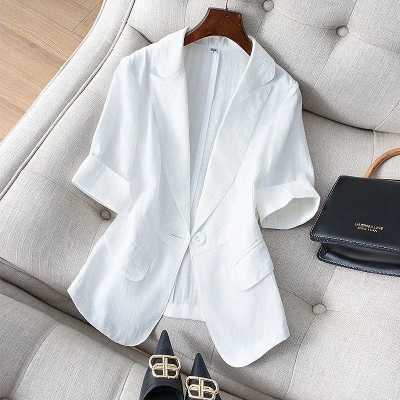 

Slim Fit Cotton Linen ort Sve Women's Jaet Thin Summer Korean Sle Faionable And Ele Small Size