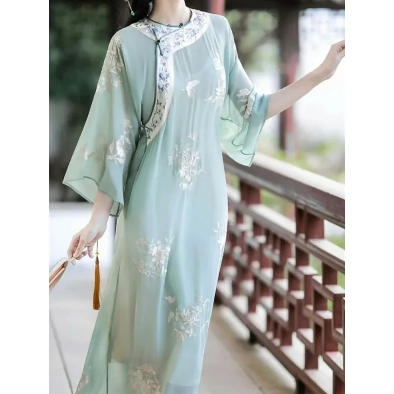 traditional-chinese-women-qipao-dress-teal-crewneck-three-quarter-sleeve-print-modern-modified-cheongsam-elegant-evening-dresses
