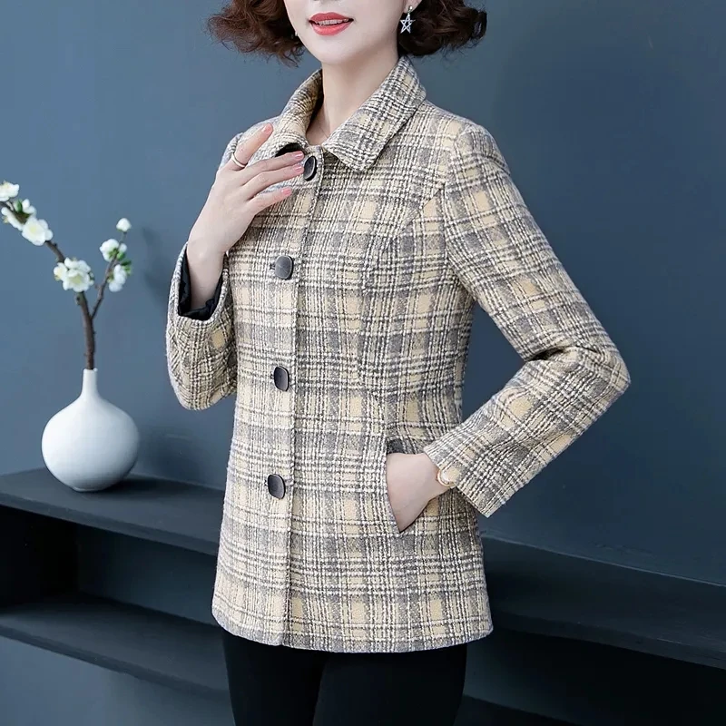 

Plaid Woolen Women's Jacket 2023New Spring Autumn Fashion Mid Aged Short Female Coats Single Breasted Korean Lady Outerwear Tops