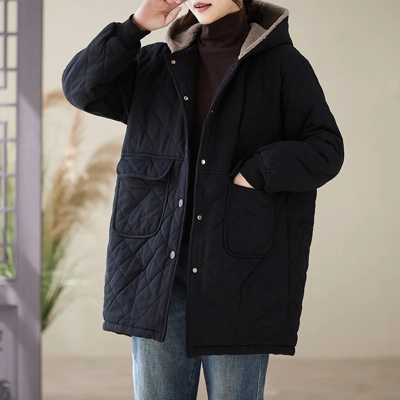 Thiened القطن Jaet المرأة مقنعين مبطن الدافئة لامب المخملية منتصف طول معطف زر واحد الشتاء Faion الرجعية Sle