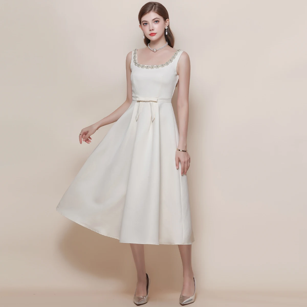 ชุดเดรสสำหรับผู้หญิง ใหม่ สง่างาม แขนกุด คอทรงโอ ชุดเดรสผู้หญิงทรงเข้ารูป ประดับลูกปัด โบว์ ทรงเอไลน์ ชุดเดรสผู้หญิง ชุดเดรสฤดูร้อนสำหรับผู้หญิง Q1929