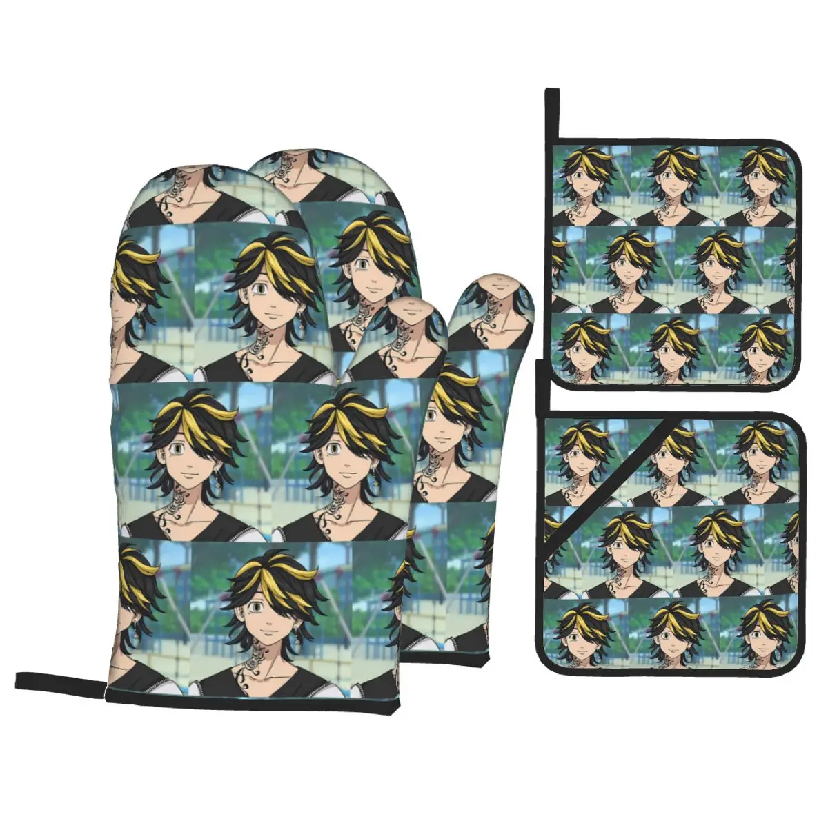 Anime Tokyo Revengers Kazutora Oven Mitts and Pot Holder Sets of 4 for Baking Kitchen Cooking BBQ Resistant Non-Slip Gloves