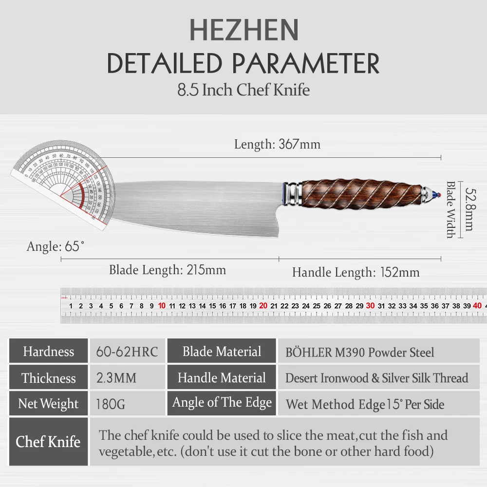 HEZHEN 8.5 Inches Chef Knife BÖHLER M390 Powder Steel Kitchen Tools For Maet Cooking Knives Beautiful Gift Box