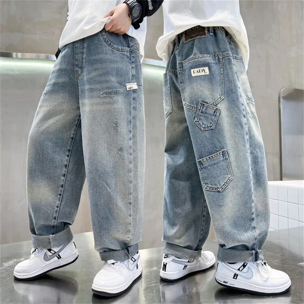 81012 Korean Version Of Boys Street Dance Jeans Boys\' Jeans Children\'s Side Pockets Kid Jeans Denim Cargo Pants