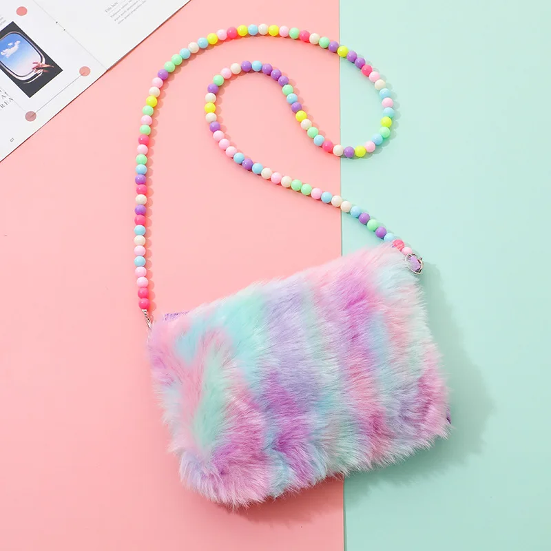 

Cute Colorful Children's Plush Crossbody Bags Lightweight Kids Beading Chain Shoulder Bag Simple Girls Coin Purse Phone Clutch