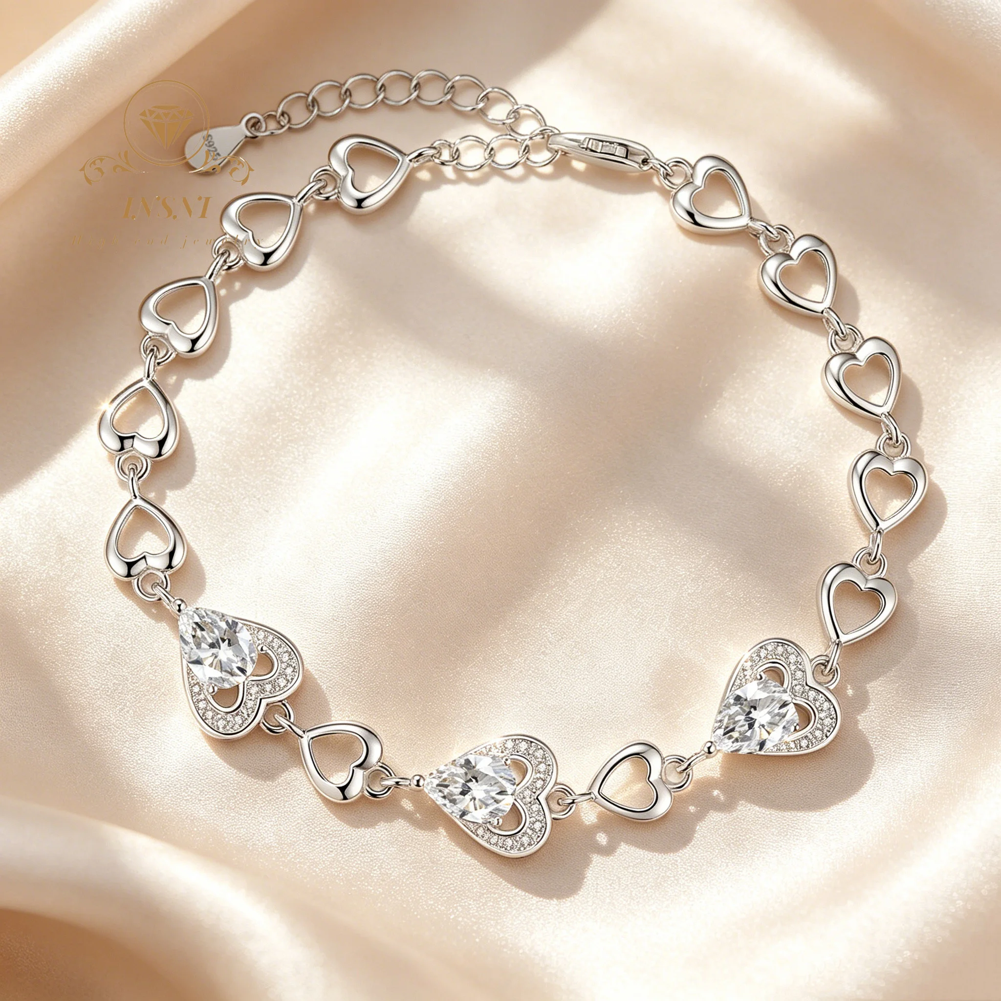 Bracelet en argent pour femme, en moissanite, de luxe, en forme de cœur, bijou abordable, cadeau de luxe léger