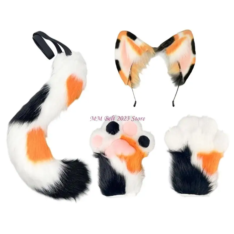 49ME Plush Calico Role Play Accessory Set with Earwear Tail and Mitt Gloves for Cosplay Party Photo Booth Use Looks