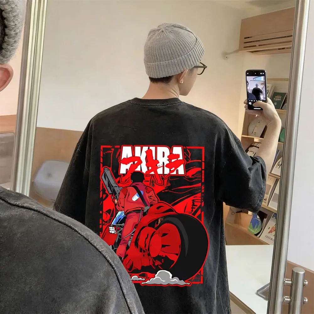 Washed Vintage Anime Akira Japanese Science Fiction Cartoon Movie Shotaro Kaneda T-shirt Men Women 90s Manga Oversized T-shirts