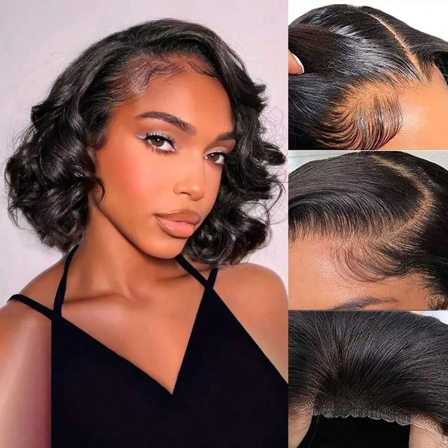 Wear And Go Glueless Bouncy Body Wave Lace Closure Bob Wig Human Hair Short Hair For Women 200 Density Natural Black Pre-Plucked Hairline Wig For Women