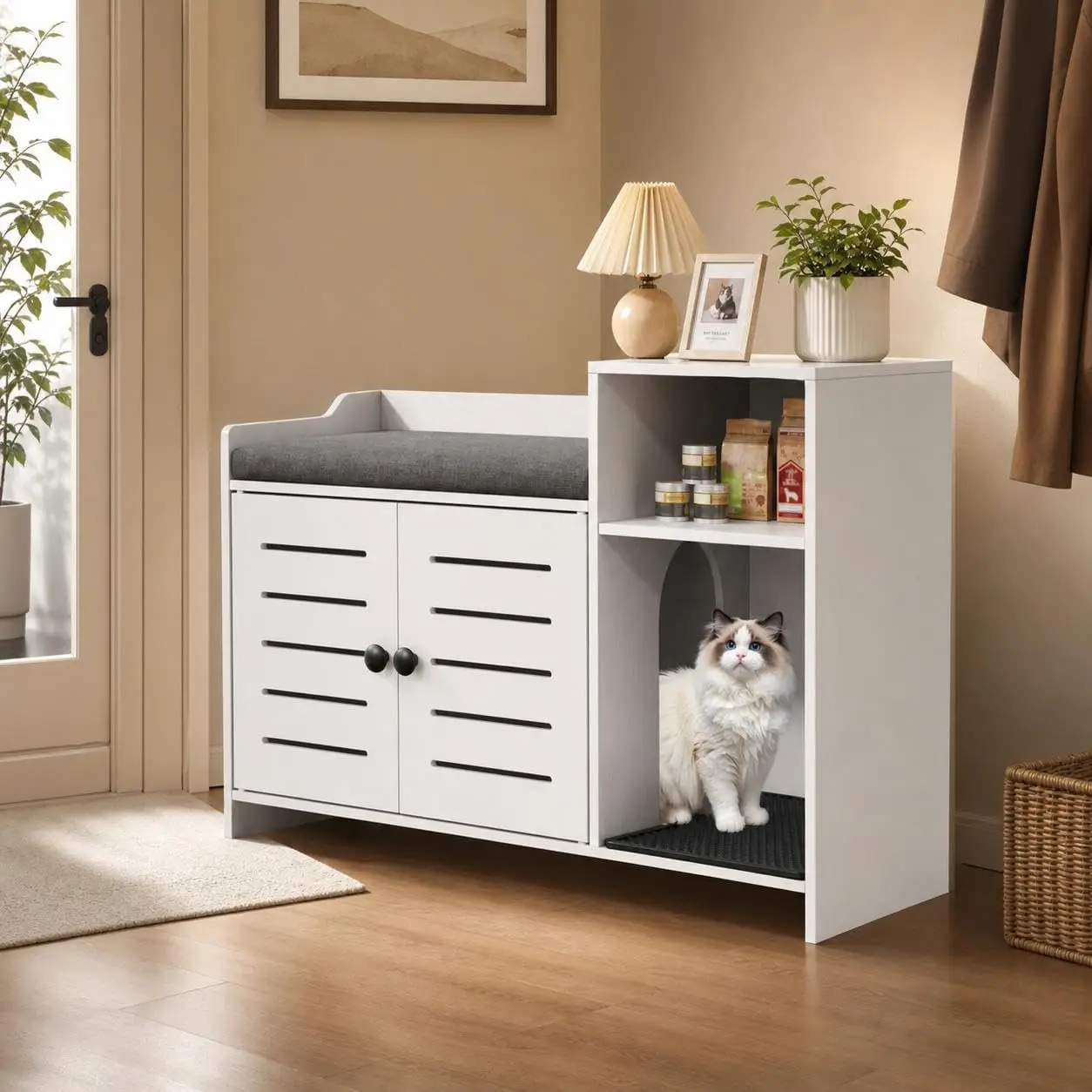 

Cat Litter Box Enclosure Cabinet, Hidden Litter Box Furniture with Scratch Pad and Storage Shelf, Enclosed Cat House for Indoor Cats, White