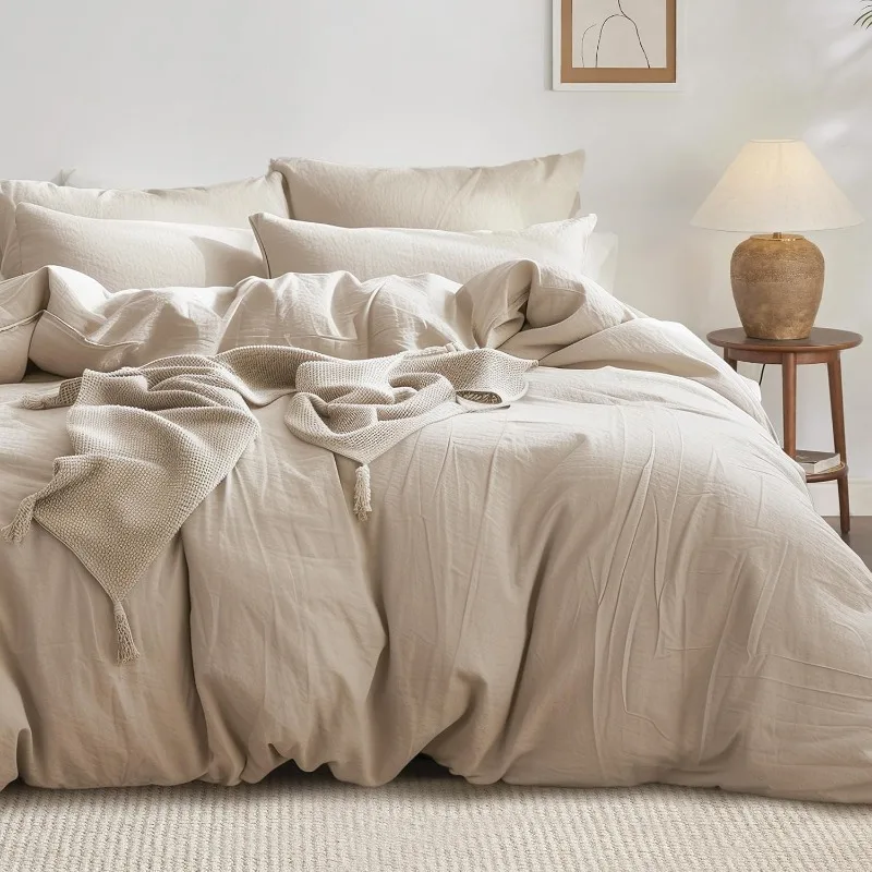 Duvet Cover - Warm Sand Minimalist Duvet Cover Set Linen Pattern - 3 Piece Set Simple Duvet Cover