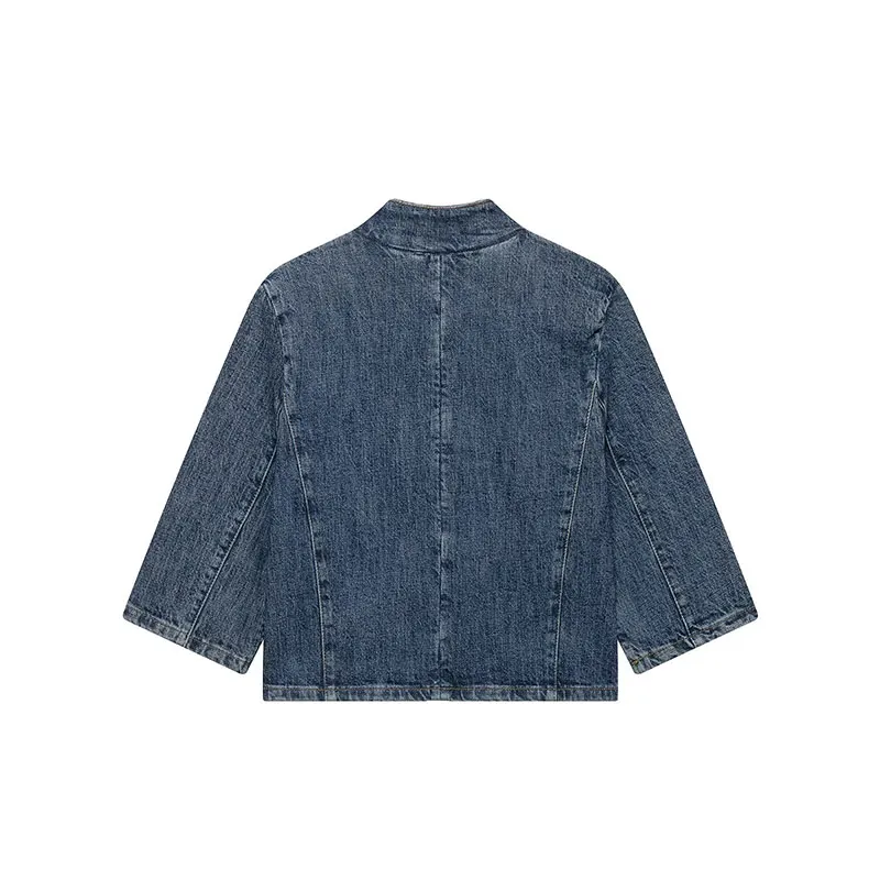 NLZGMSJ Autumn Women Short Denim Blazer Stand Collar Short Sleeve Asymmetric Button Design Loose Casual Outerwear Daily Streetwe