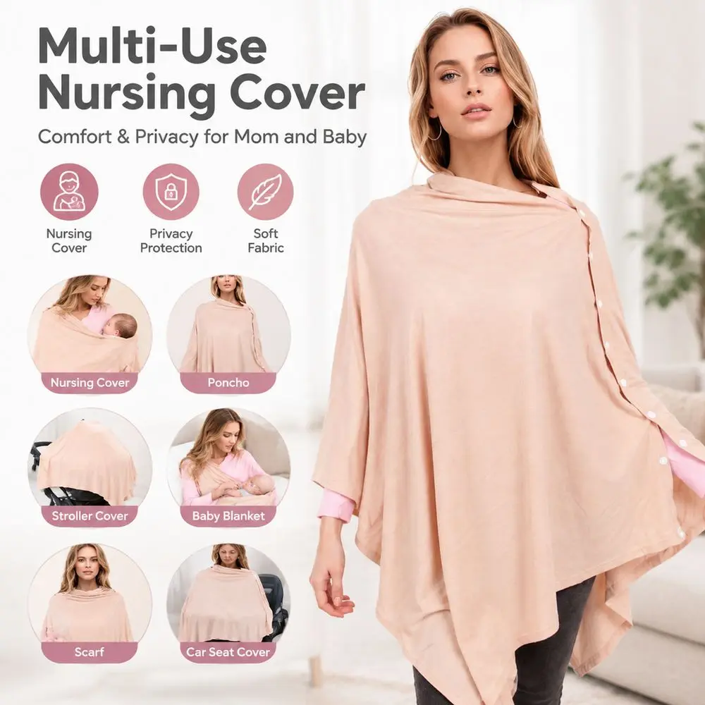 Soft Stretch Fabric Nursing Cover Breathable Lightweight Breastfeeding Poncho Asymmetric Hem Machine Washable Nursing Shawl