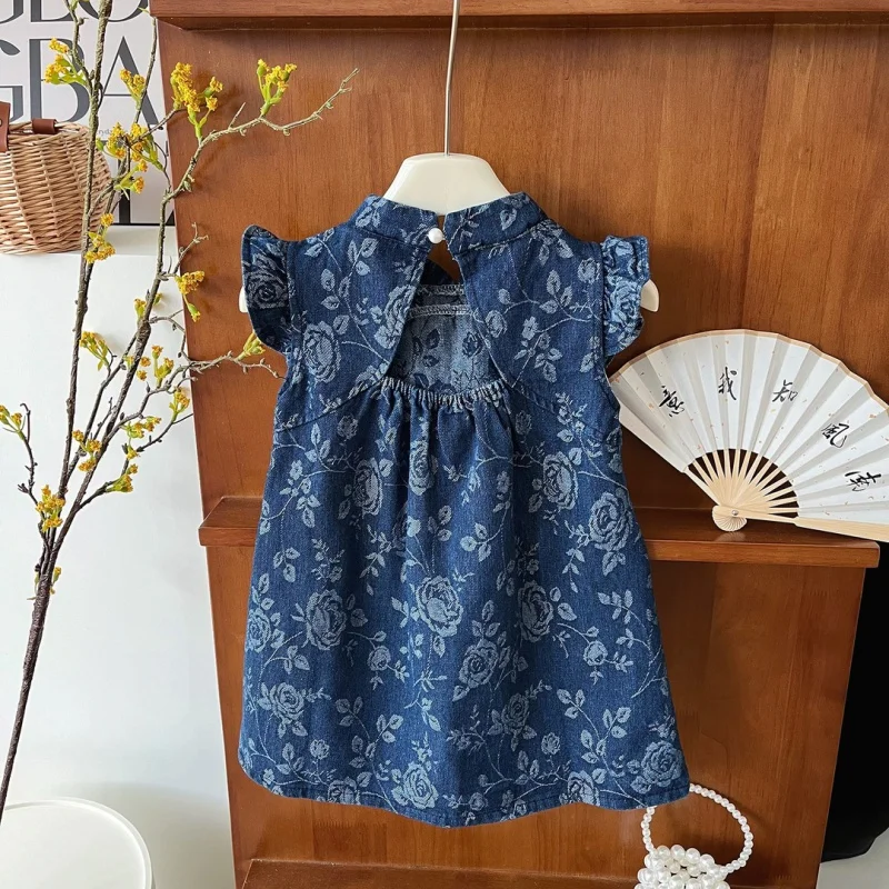 2024Girls' National Style Buckle Cheongsam Dress Summer New Retro Flounced Sleeve Denim Dress Fashionable-WSNY