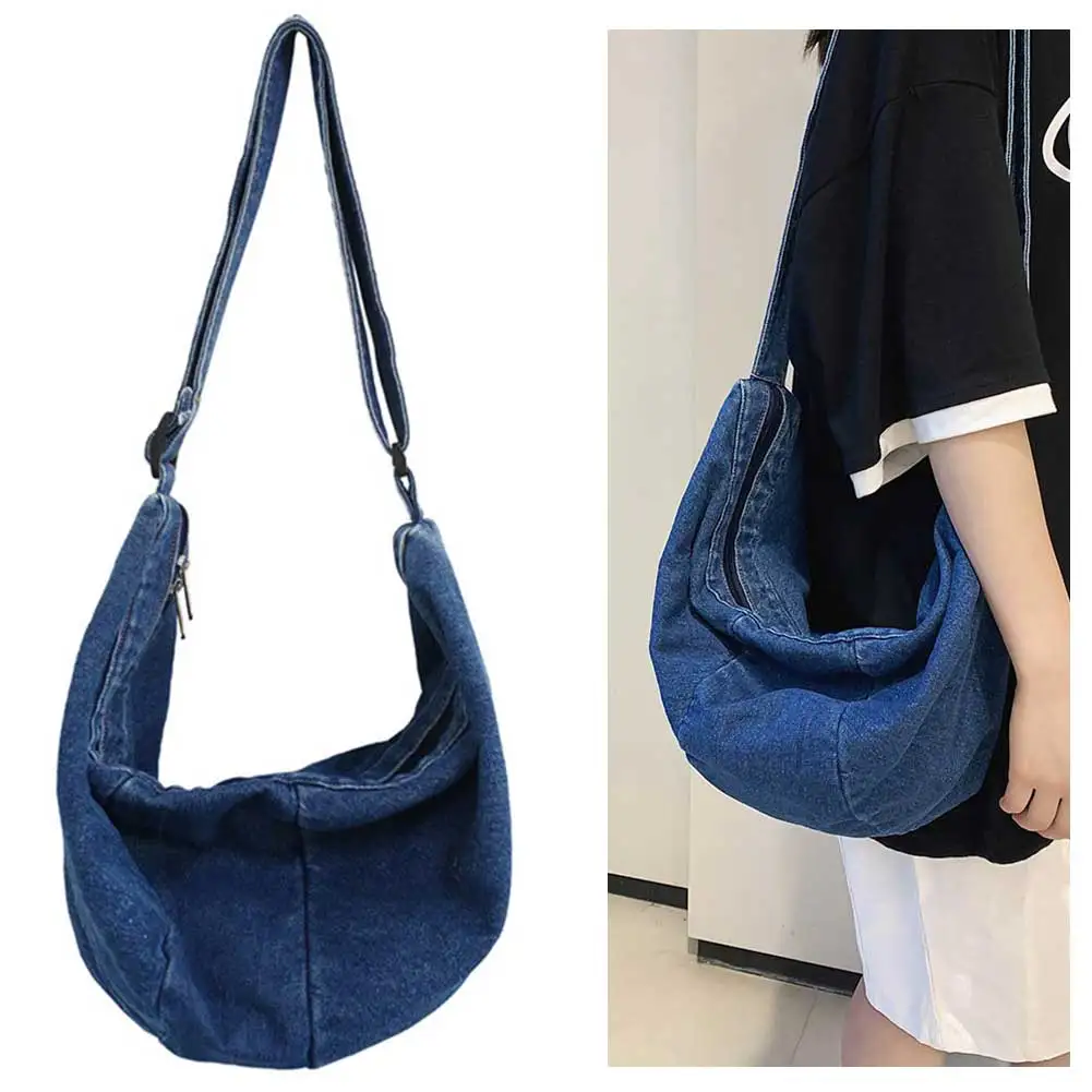 

Unisex Hobo Sling Bag Adjustable Strap Denim Solid Color Bag Zipper Closure Large Capacity Daily Dating Bag for Women Men