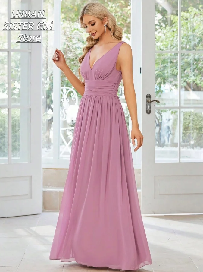 Pink-Purple Deep V-Neck Sleeveless Ruched Waist Chiffon Long Bridesmaid Dress, Floor-Length Elegant Wedding Guest Evening Gown view 3