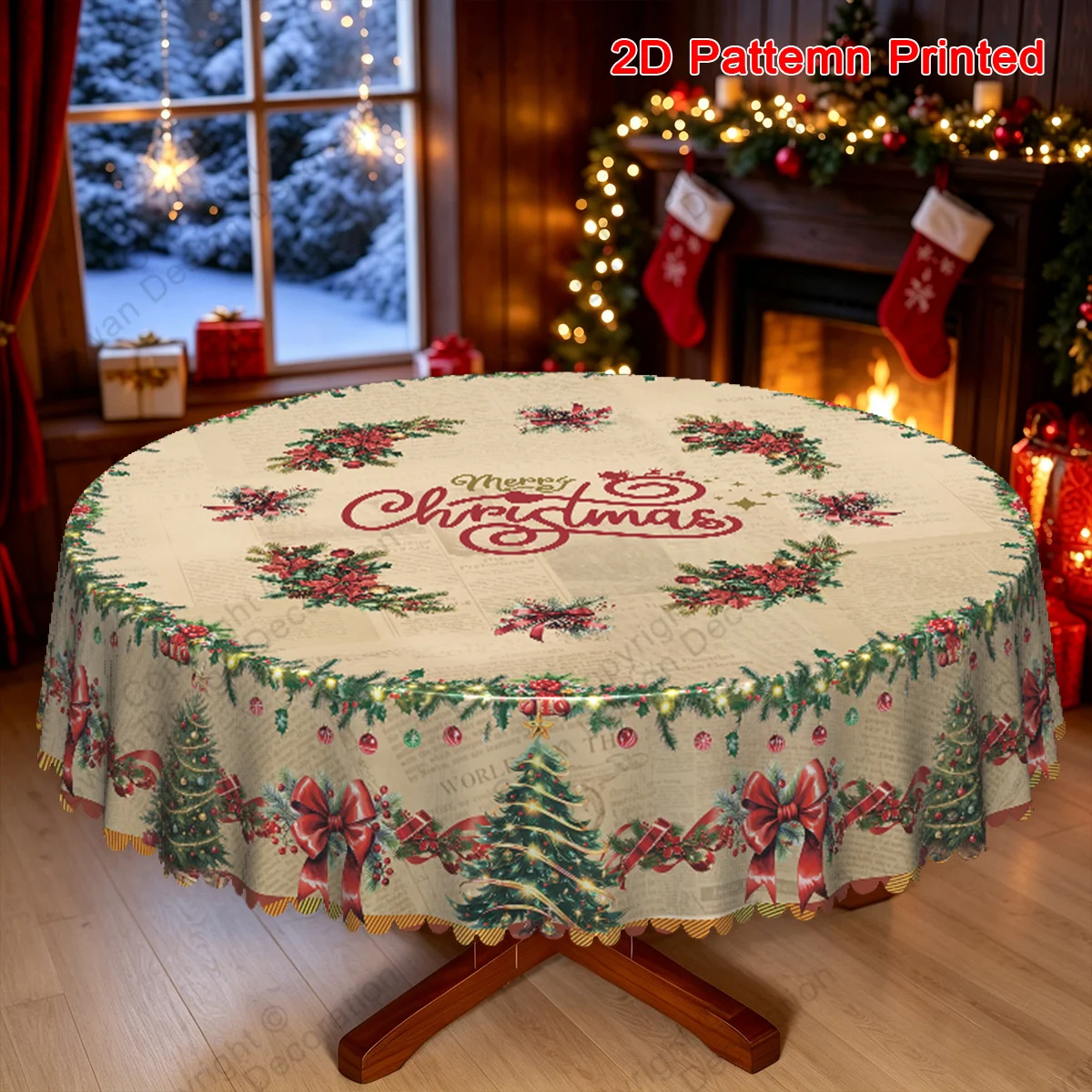 1 piece, Merry Christmas themed tablecloth, poster style Christmas tree with red bow pattern tablecloth