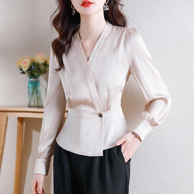 2024 New Autumn Office Lady Chiffon Blouse Female Shirt For Women V-Neck Long Sleeve Casual Slim Blouses Blusas Mujer De Moda