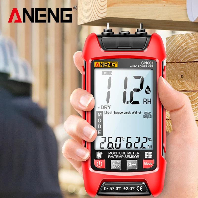 

ANENG GN601 Probe Wood Moisture Detector 0~99.9% Timber Hygrometer 20.5% RH Display Digital Backlight Temperature Humidity Meter