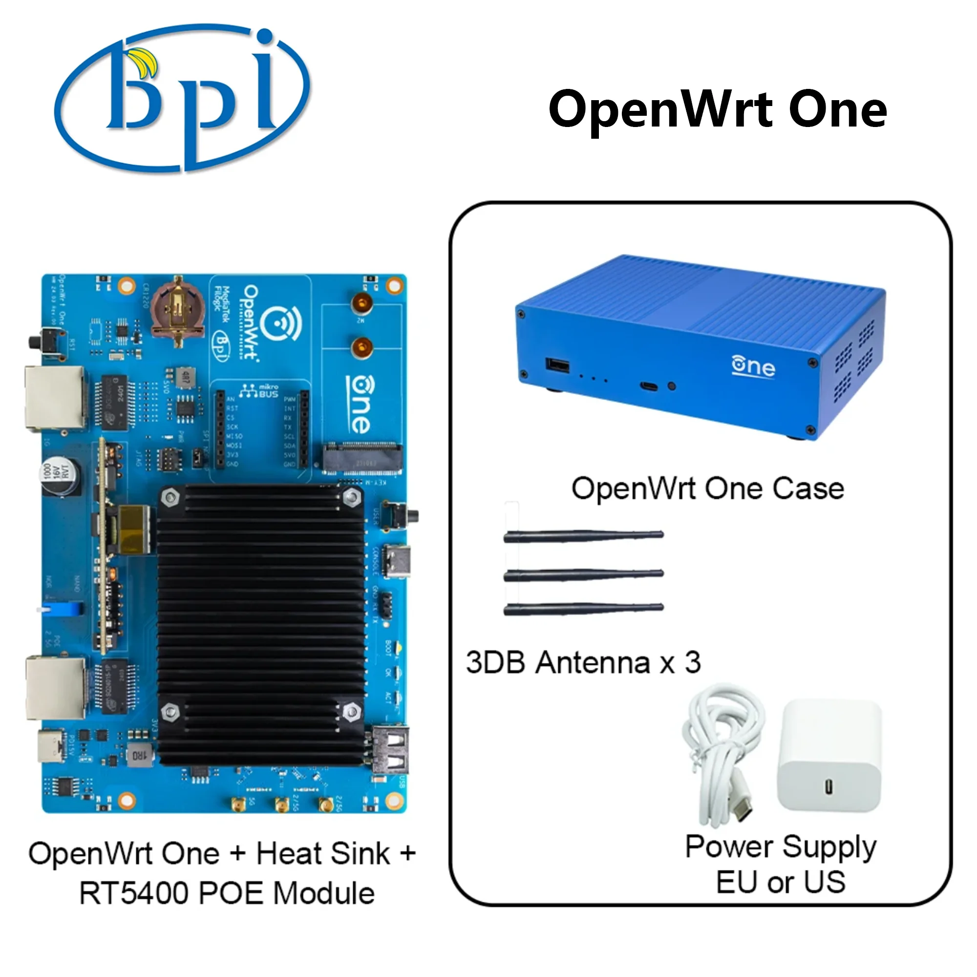 Banana Pi OpenWrt One MediaTek MT7981B Open Source Smart Router 1GB DDR4 256 MB SPI NAND flash 2.5GbE RJ45 and Gigabit Ethernet