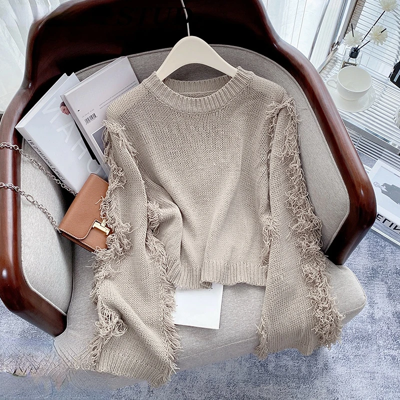 Women's Loose Tassel Knitted Pullovers, Elegant Female Sweater, Solid, Lightweight, Flare Sleeved, Outwear Tops, New, Autumn