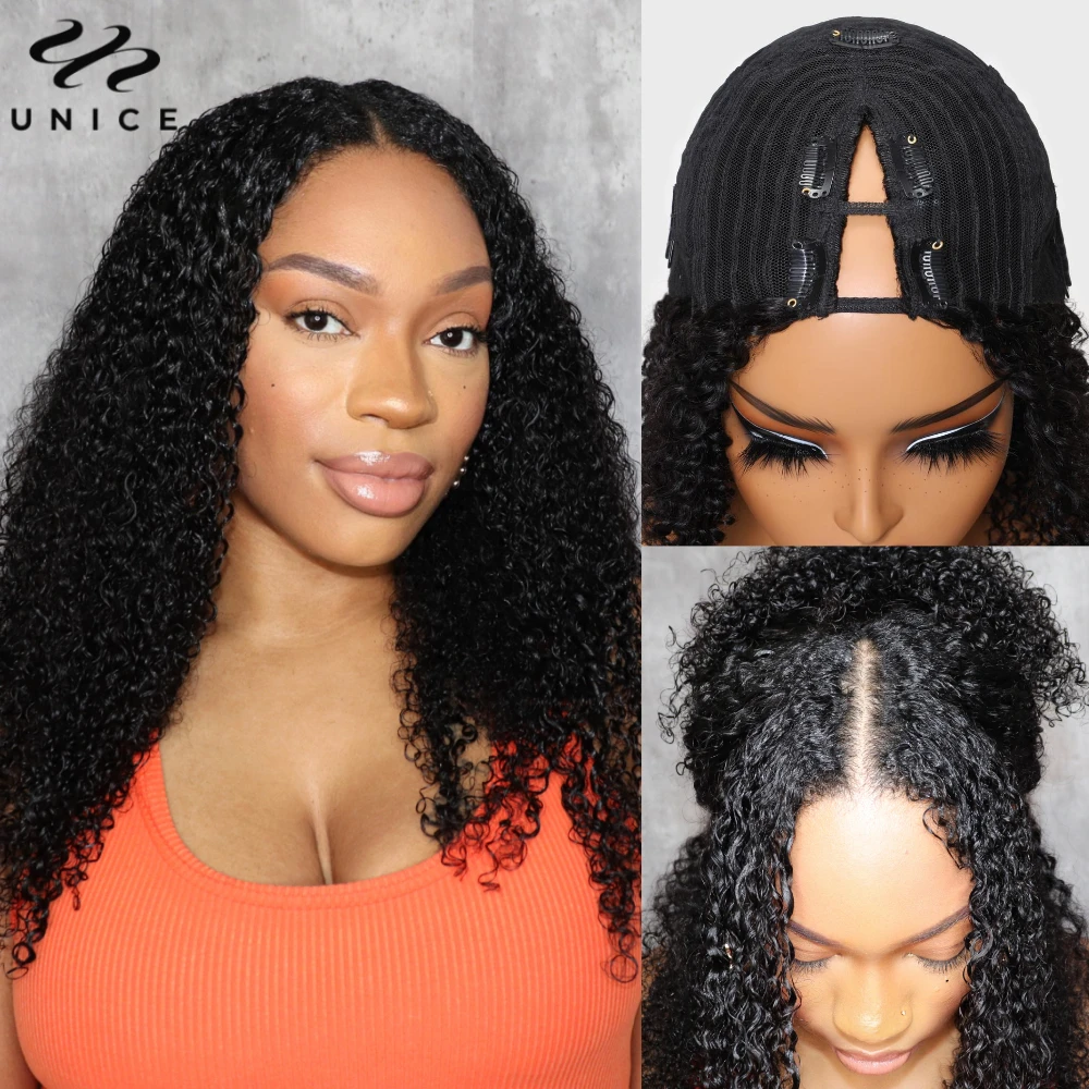 UNice Upgrade Drawstring Kinky Curly V Part Wig Seamless Blend 100% Human Hair V-Part Wig Minimal Leave Out 130% Density