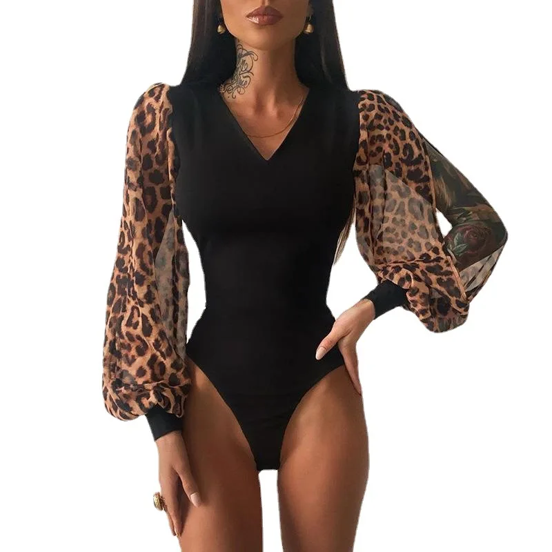 Fashion Leopard Printing Long Sleeve Mesh Tops  Blouses Women Bodysuits 2025 Body Suits Body Leopardo Bodysuit Sexy Woman